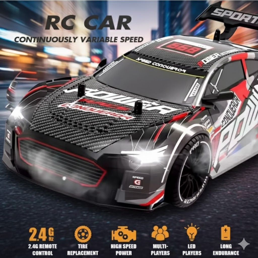 Racing Conqueror 1:16 Scale RC Drift Car – 2.4GHz 4WD High-Speed Remote Control Car with LED Lights, Dual Tires & Rechargeable Battery