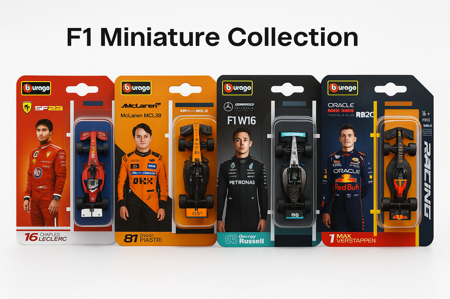 F1 Miniature Die-Cast Car Collection – Leclerc, Piastri, Russell & Verstappen | Official Bburago Display Pack