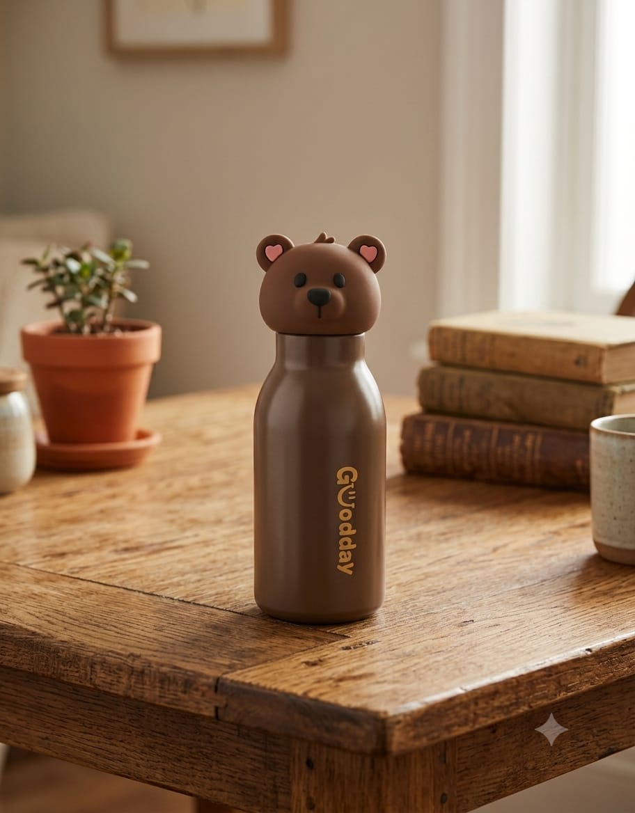 Goodday Cute Animal Character Insulated Stainless Steel Water Bottle for Kids & Adults (350ml / Leak-Proof)