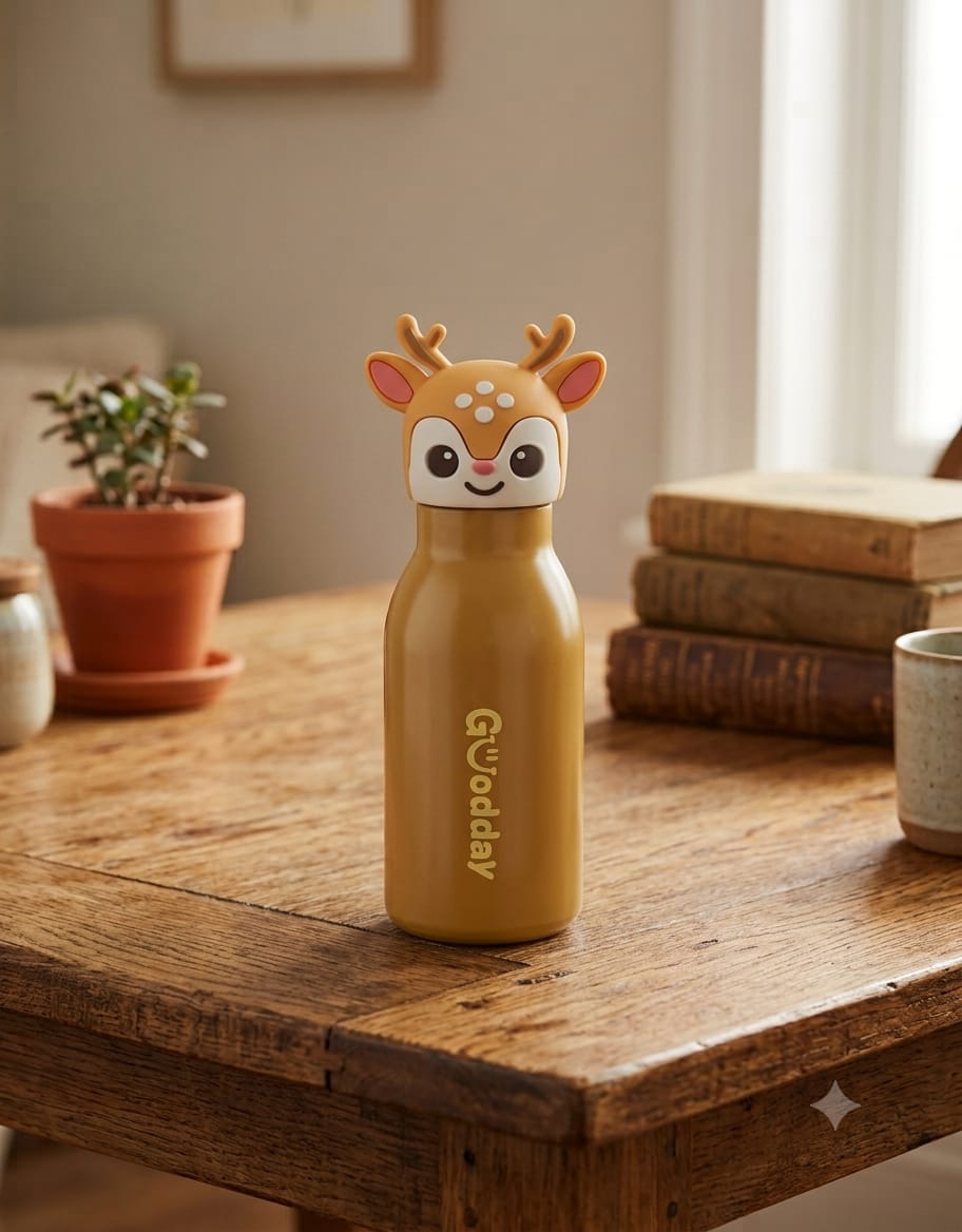 Goodday Cute Animal Character Insulated Stainless Steel Water Bottle for Kids & Adults (350ml / Leak-Proof)