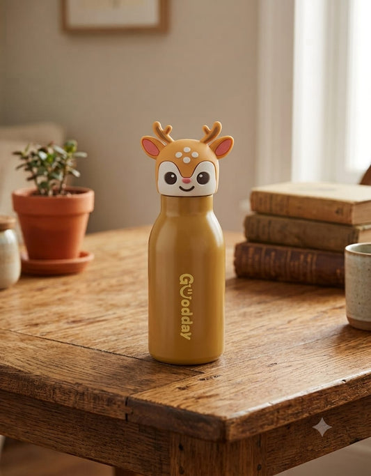 Goodday Cute Animal Character Insulated Stainless Steel Water Bottle for Kids & Adults (350ml / Leak-Proof)