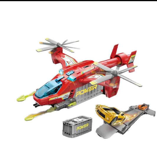 Light Music Aircraft Slot Toy with Ejection Storage Container and 2 Alloy Cars Featuring Deformation Track