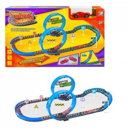 Track Racers Deluxe Racing Car Set, 36-Piece Track with Traffic Signs, Educational Vehicle Playset for Kids, Blue and Red Racing Track with Accessories