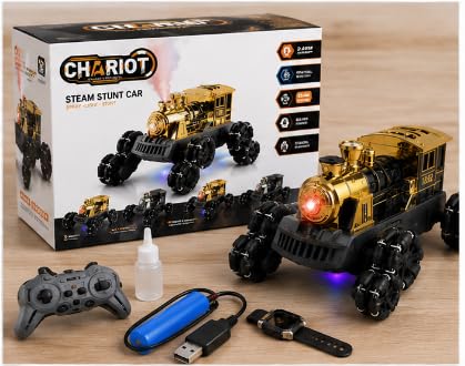 2.4GHz RC Steam Train Stunt Car with Spray Effect & Lights | Remote Control Rotating Train Vehicle Toy | Rechargeable Racing Car for Kids