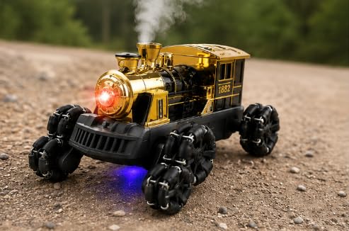 2.4GHz RC Steam Train Stunt Car with Spray Effect & Lights | Remote Control Rotating Train Vehicle Toy | Rechargeable Racing Car for Kids