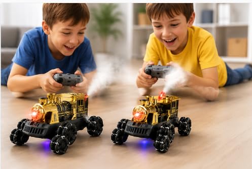 2.4GHz RC Steam Train Stunt Car with Spray Effect & Lights | Remote Control Rotating Train Vehicle Toy | Rechargeable Racing Car for Kids