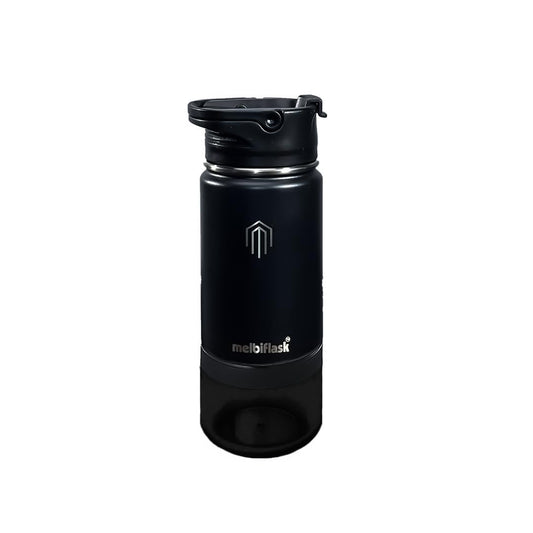 Melbify Melbiflask Mini | 2 in 1 Everyday Flask with Snack Compartment | 500 ml | Black | Hot 12 Hrs/Cold 24 Hrs | Wide Mouth | Easy Flip Lid | BPA-Free | Fits in Bag/Car | Ideal for School, Work, Gym