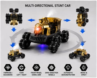 2.4GHz RC Steam Train Stunt Car with Spray Effect & Lights | Remote Control Rotating Train Vehicle Toy | Rechargeable Racing Car for Kids