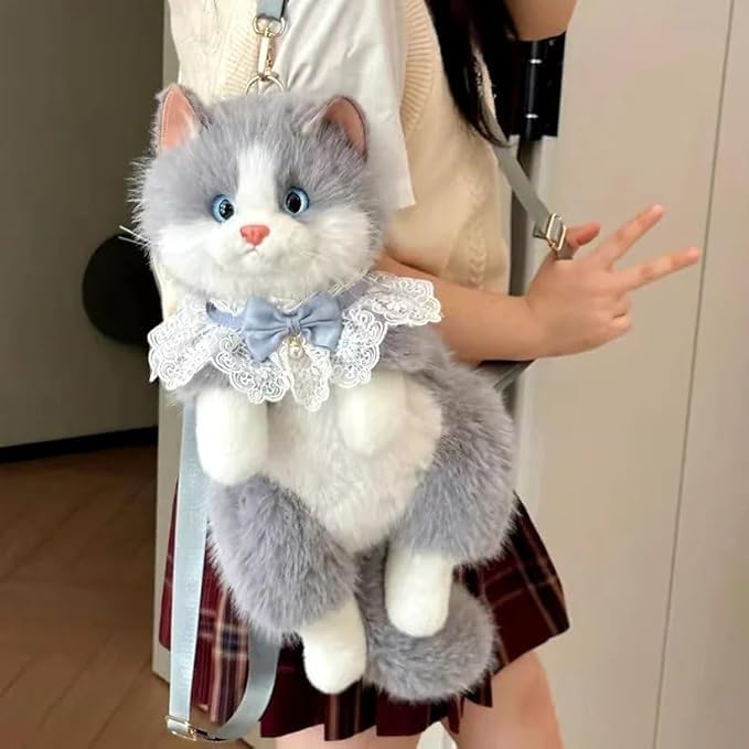Stuffed Realistic Cat Plush Backpack, Cute and Soft Cat Shaped Backpack with Detachable Straps, Enough Room to Hold Keys, Wallet, Cell Phone, Ideal Gift for Girls, Random colours