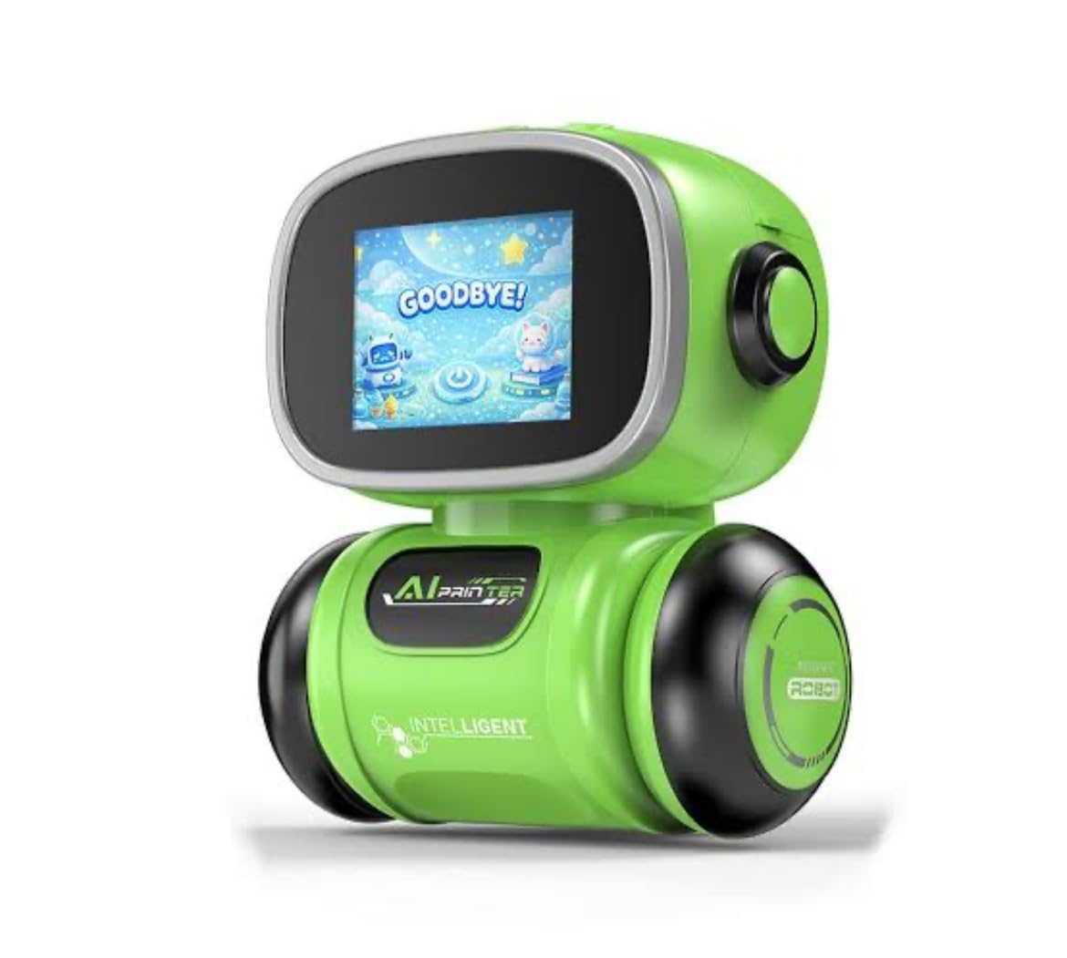 Green Intelligent AI Printer Robot Toy with LCD Screen, Interactive Smart Robot, Digital Display, Creative Drawing Function, Voice Interaction, Automatic Movement, Educational Activities