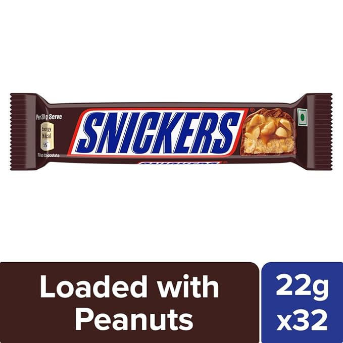 Snickers Peanut Filled Chocolate Bar - 22g (Pack of 32) | Nutty, Caramel & Nougat Treat