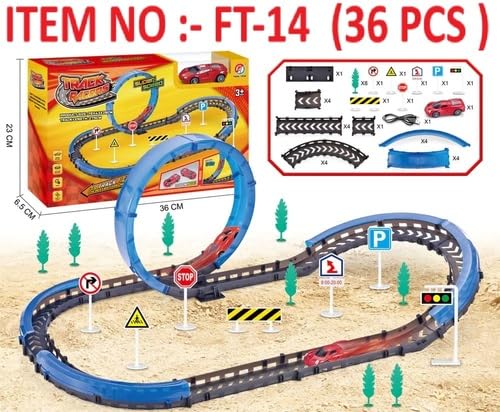 Track Racers Deluxe Racing Car Set, 36-Piece Track with Traffic Signs, Educational Vehicle Playset for Kids, Blue and Red Racing Track with Accessories