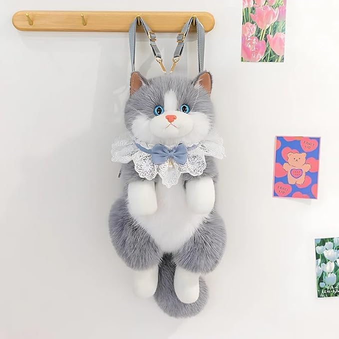 Stuffed Realistic Cat Plush Backpack, Cute and Soft Cat Shaped Backpack with Detachable Straps, Enough Room to Hold Keys, Wallet, Cell Phone, Ideal Gift for Girls, Random colours