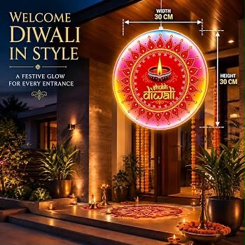 LED Illuminated Hanging Shubh Diwali Acrylic Disc Light (30x30 cm) | Festive Entrance Door & Wall Hanging Décor