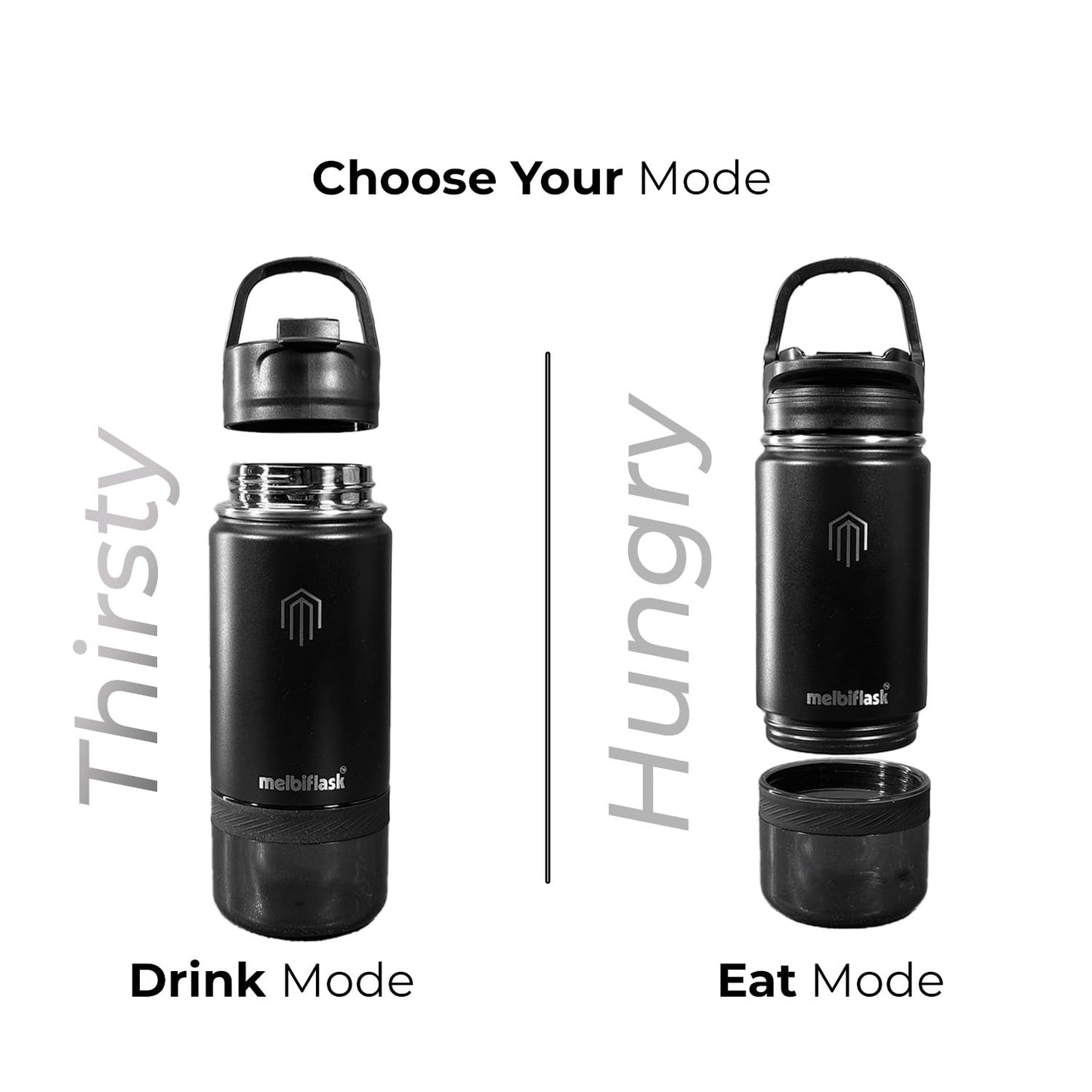 Melbify Melbiflask Mini | 2 in 1 Everyday Flask with Snack Compartment | 500 ml | Black | Hot 12 Hrs/Cold 24 Hrs | Wide Mouth | Easy Flip Lid | BPA-Free | Fits in Bag/Car | Ideal for School, Work, Gym