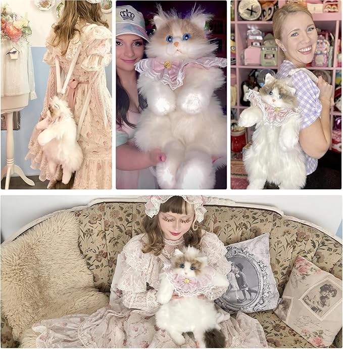 Stuffed Realistic Cat Plush Backpack, Cute and Soft Cat Shaped Backpack with Detachable Straps, Enough Room to Hold Keys, Wallet, Cell Phone, Ideal Gift for Girls, Random colours