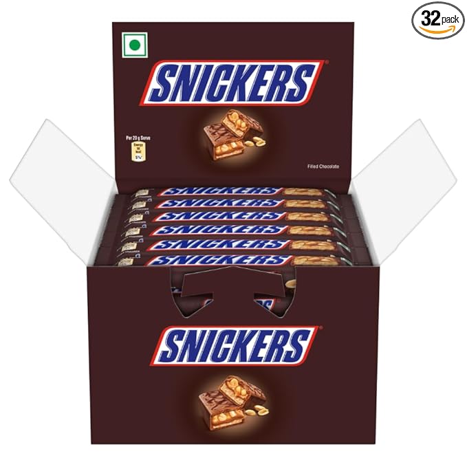 Snickers Peanut Filled Chocolate Bar - 22g (Pack of 32) | Nutty, Caramel & Nougat Treat