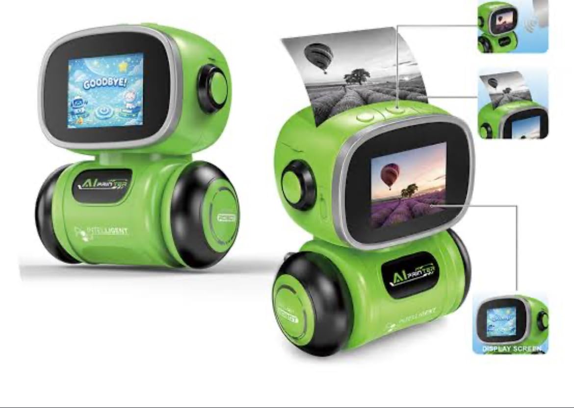 Green Intelligent AI Printer Robot Toy with LCD Screen, Interactive Smart Robot, Digital Display, Creative Drawing Function, Voice Interaction, Automatic Movement, Educational Activities