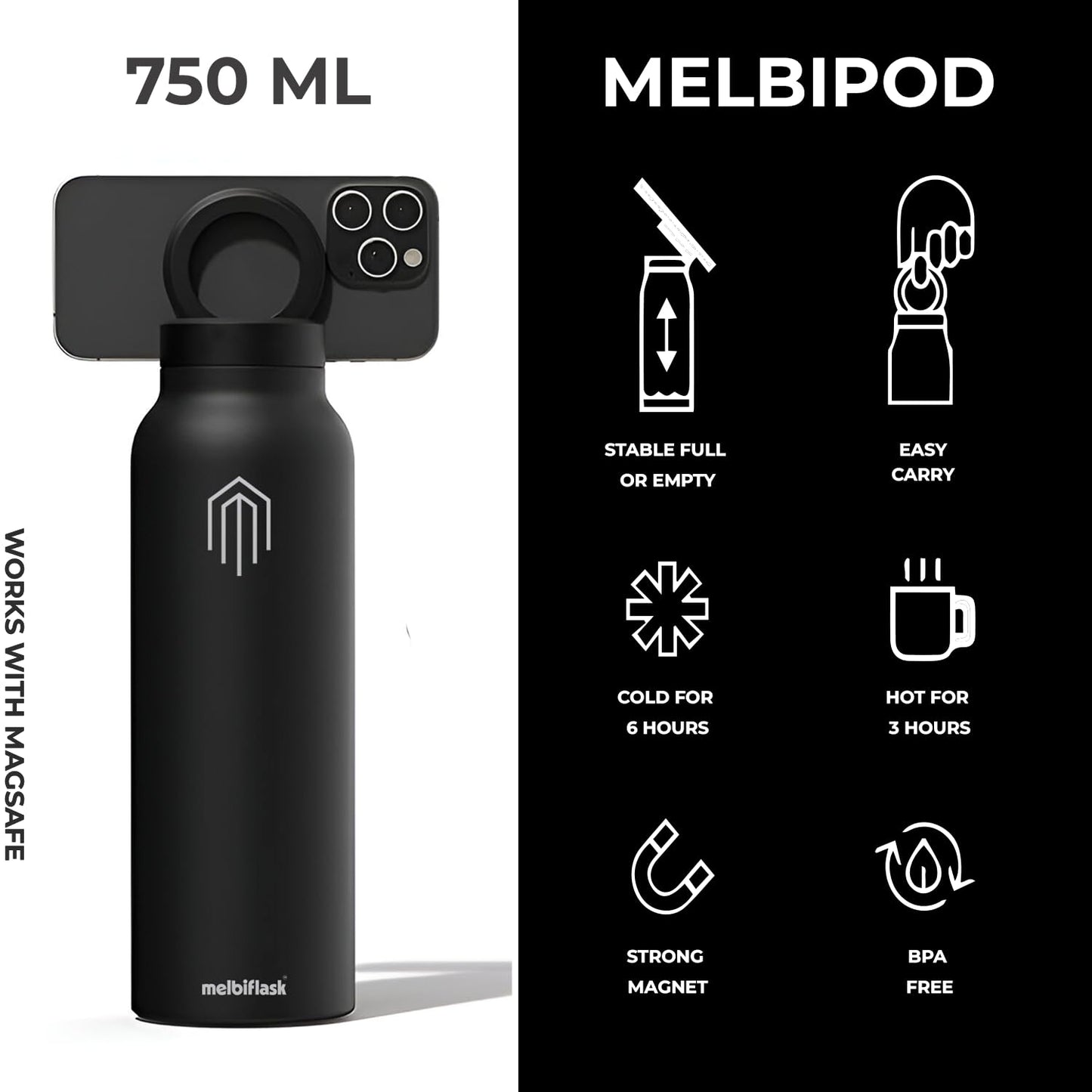 Melbify | Sipper Water Bottle with Magnetic Tripod | 750 ML| Melbipod Black | Perfect for Creators On-the-Go Vlogging, Fitness, Travel | 3 Hour Hot & 6 Hour Cold | 5 Colors | BPA Free