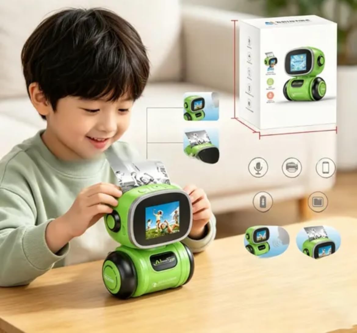 Green Intelligent AI Printer Robot Toy with LCD Screen, Interactive Smart Robot, Digital Display, Creative Drawing Function, Voice Interaction, Automatic Movement, Educational Activities