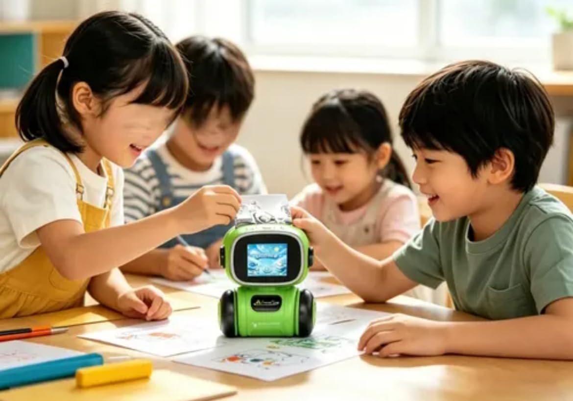 Green Intelligent AI Printer Robot Toy with LCD Screen, Interactive Smart Robot, Digital Display, Creative Drawing Function, Voice Interaction, Automatic Movement, Educational Activities