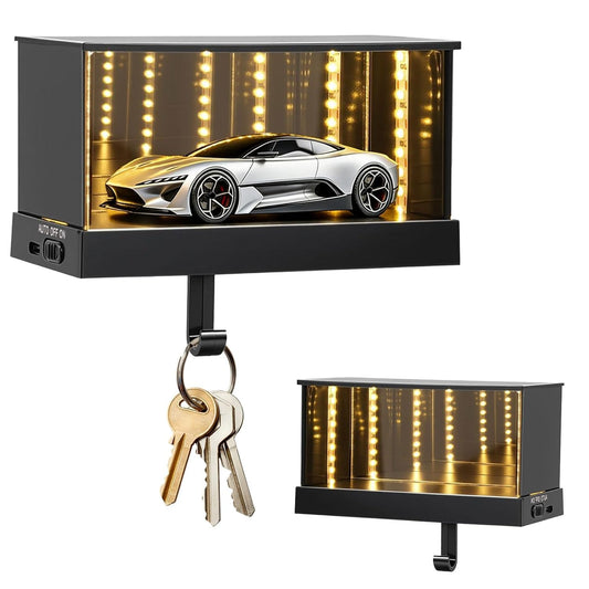 Magnetic Infinity Car Garage Key Holder with LED, Rechargeable Race Car Key Holder for Wall, Glowing Small Cars Garage Key Holders with Opening Door