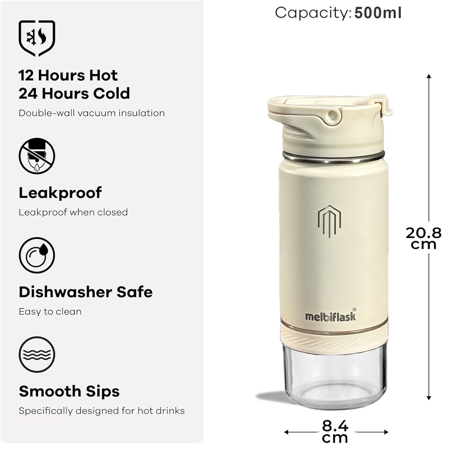 Melbify Melbiflask Mini | 2 in 1 Everyday Flask with Snack Compartment | 500 ml | Black | Hot 12 Hrs/Cold 24 Hrs | Wide Mouth | Easy Flip Lid | BPA-Free | Fits in Bag/Car | Ideal for School, Work, Gym