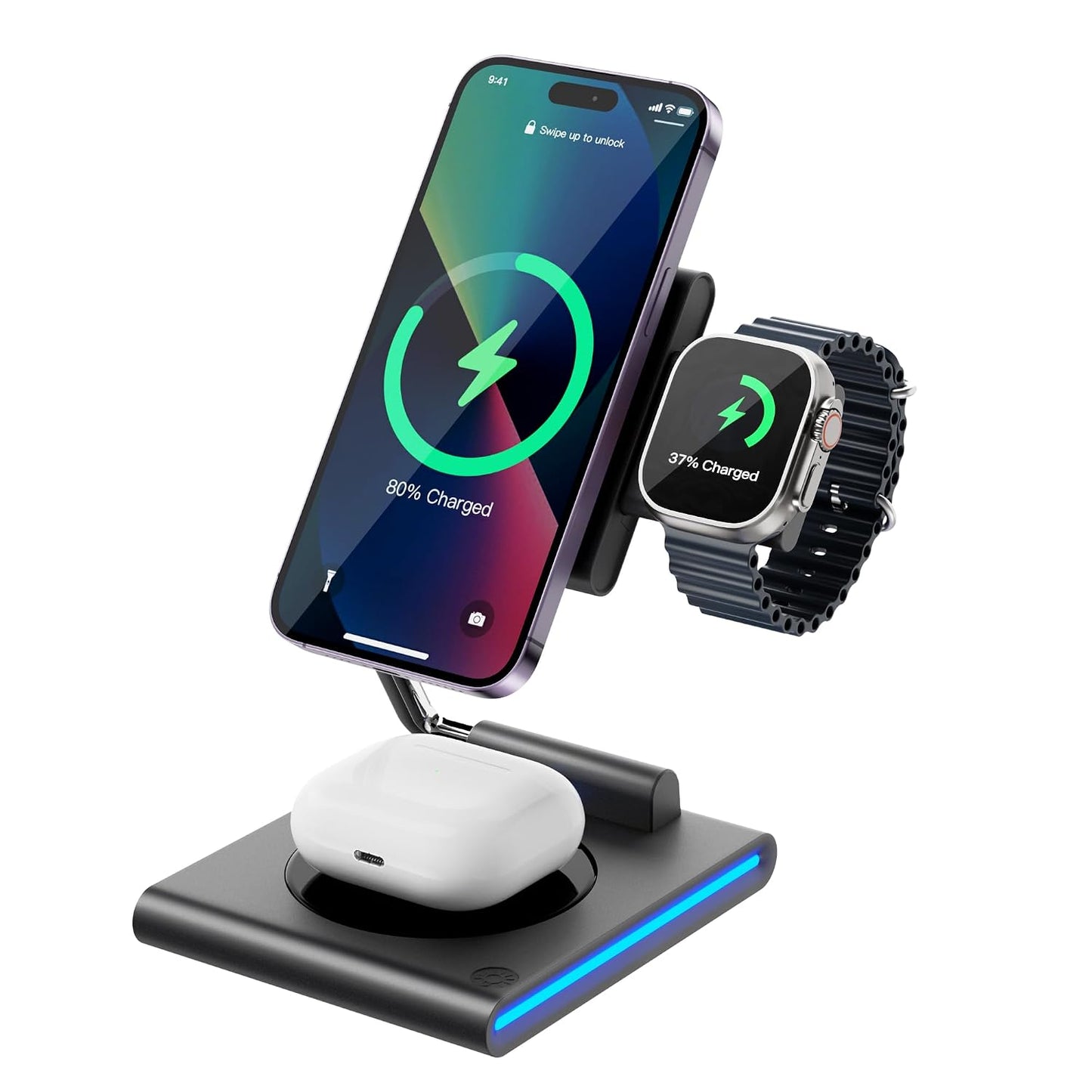 WIWU Geek 3-in-1 Wireless Charging Station| Charger for iPhone, Apple Watch and AirPods, MagSafe Compatible, Black