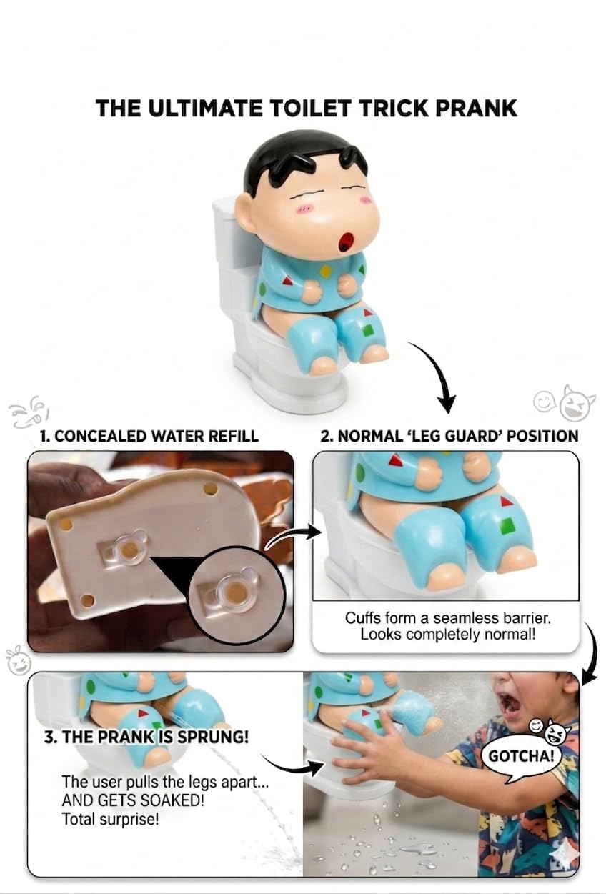 Susu Toilet Shin-chan Toy - Interactive Mini Water Spray Squeeze - Refillable Water Prank Toy for Kids & Adults - Hilarious Desktop Decor & Gag Gift - 13cm