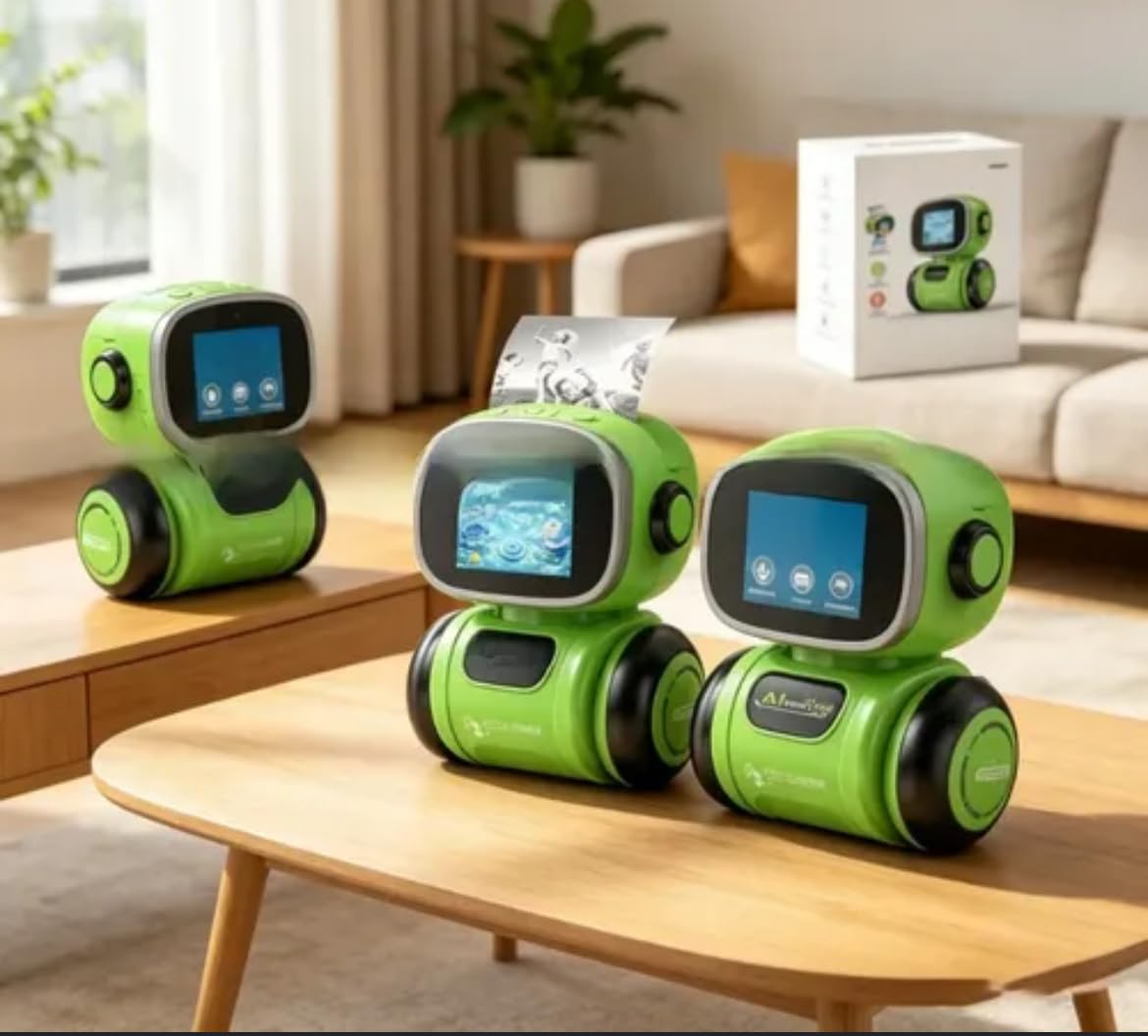 Green Intelligent AI Printer Robot Toy with LCD Screen, Interactive Smart Robot, Digital Display, Creative Drawing Function, Voice Interaction, Automatic Movement, Educational Activities