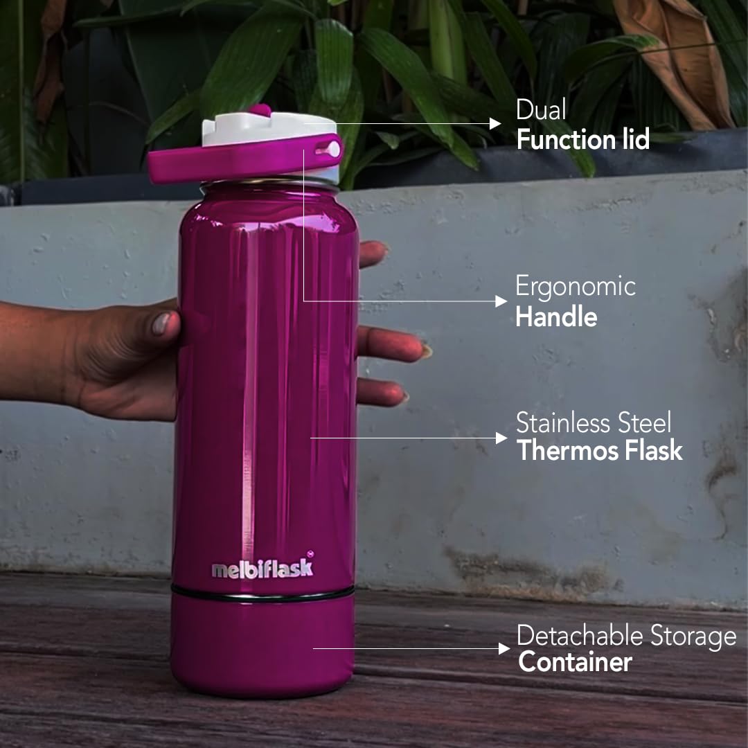 Melbify Stainless Steel | 2-In-1 Thermos Flask With Attached Snacks Container | 1 Litre | Melbisport Maroon | Dual Lid For Sip & Pour | Ideal For Sports, Travel, & Everyday Use