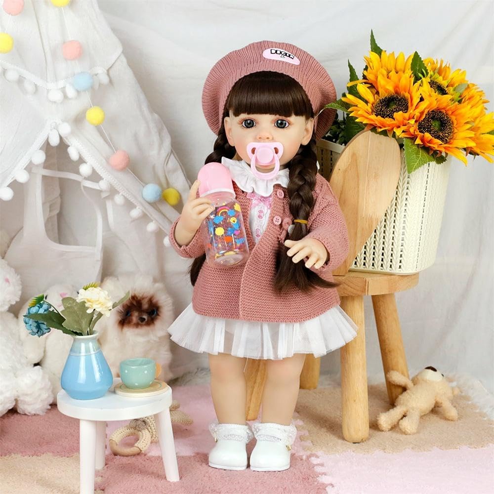Reborn Baby Dolls Silicone Vinyl Toddler Toys with Straight Brown Hair DIY Fashion Style for Girls Birthday Gift Set for 3+ Ages
