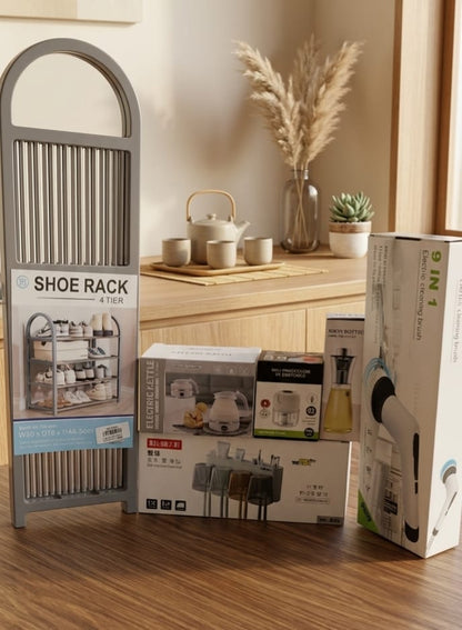 6 in 1 Essential Combo Set. Shoe Rack, 9 in 1 Mop, Bathroom Holder, USB Veg Cutter, Electric Foldable Kettle, Oil Spray Bottle