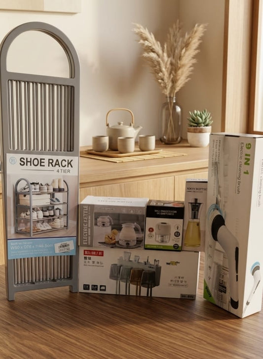 6 in 1 Essential Combo Set. Shoe Rack, 9 in 1 Mop, Bathroom Holder, USB Veg Cutter, Electric Foldable Kettle, Oil Spray Bottle
