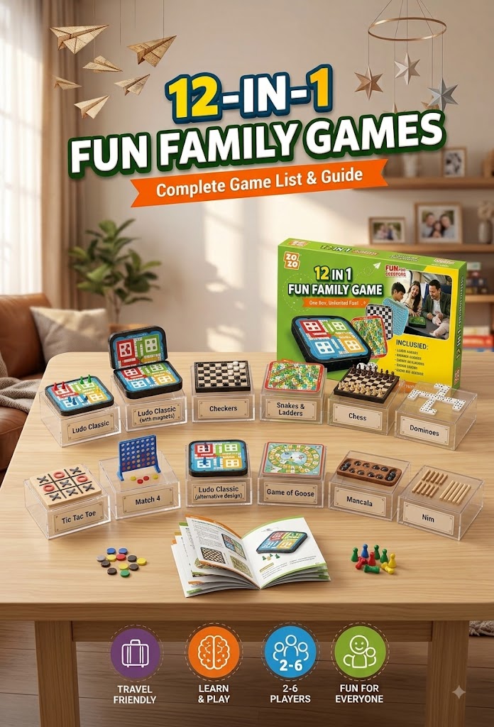ZOZO 12-in-1 Fun Family Board Game Set – All-in-One Portable Travel Game Box