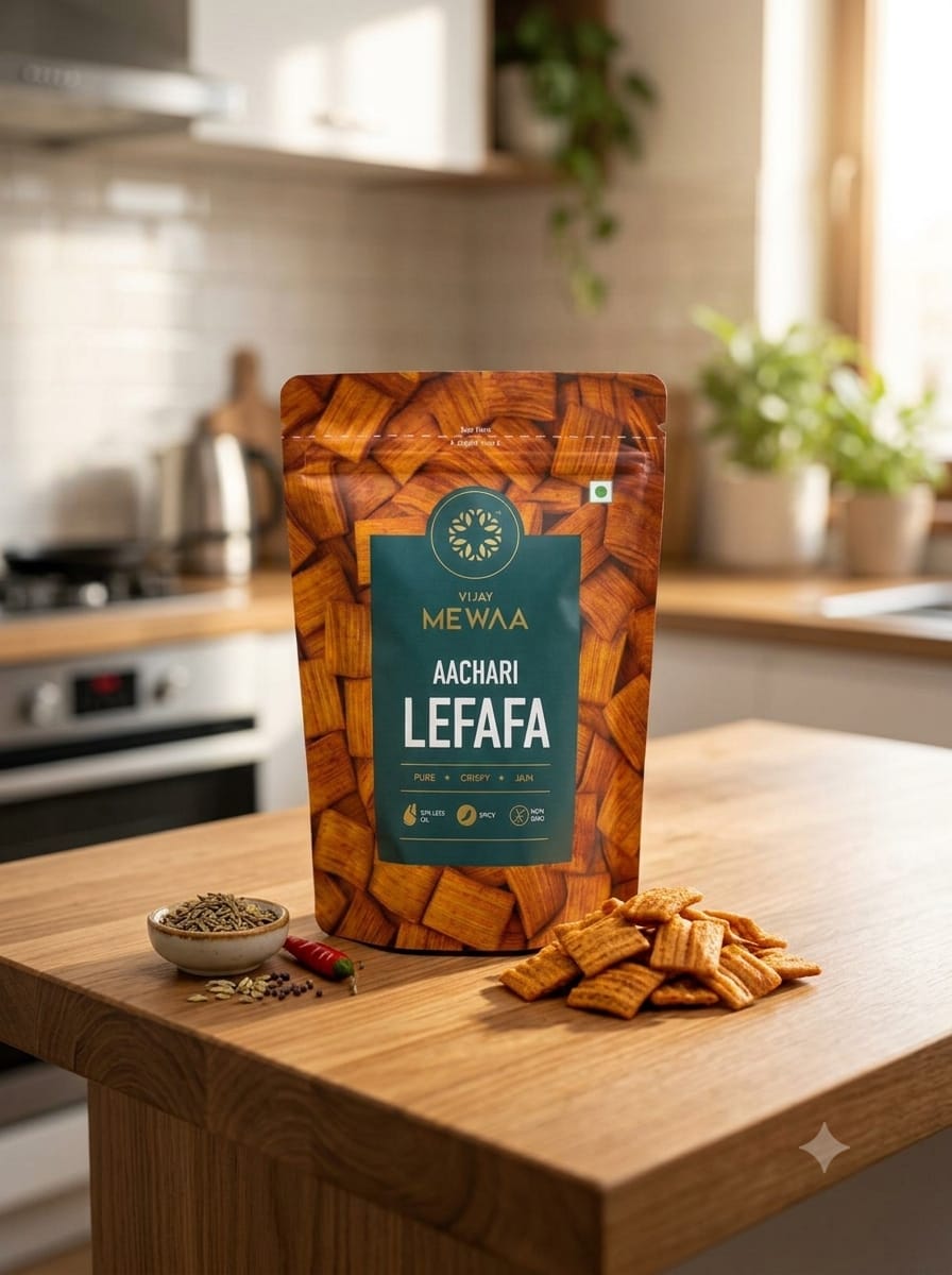 Vijay Mewaa Aachari Lefafa | Crispy Tangy Pickle-Flavored Pocket Snacks | 50% Less Oil | Non-GMO | 100% Jain & Pure Vegetarian