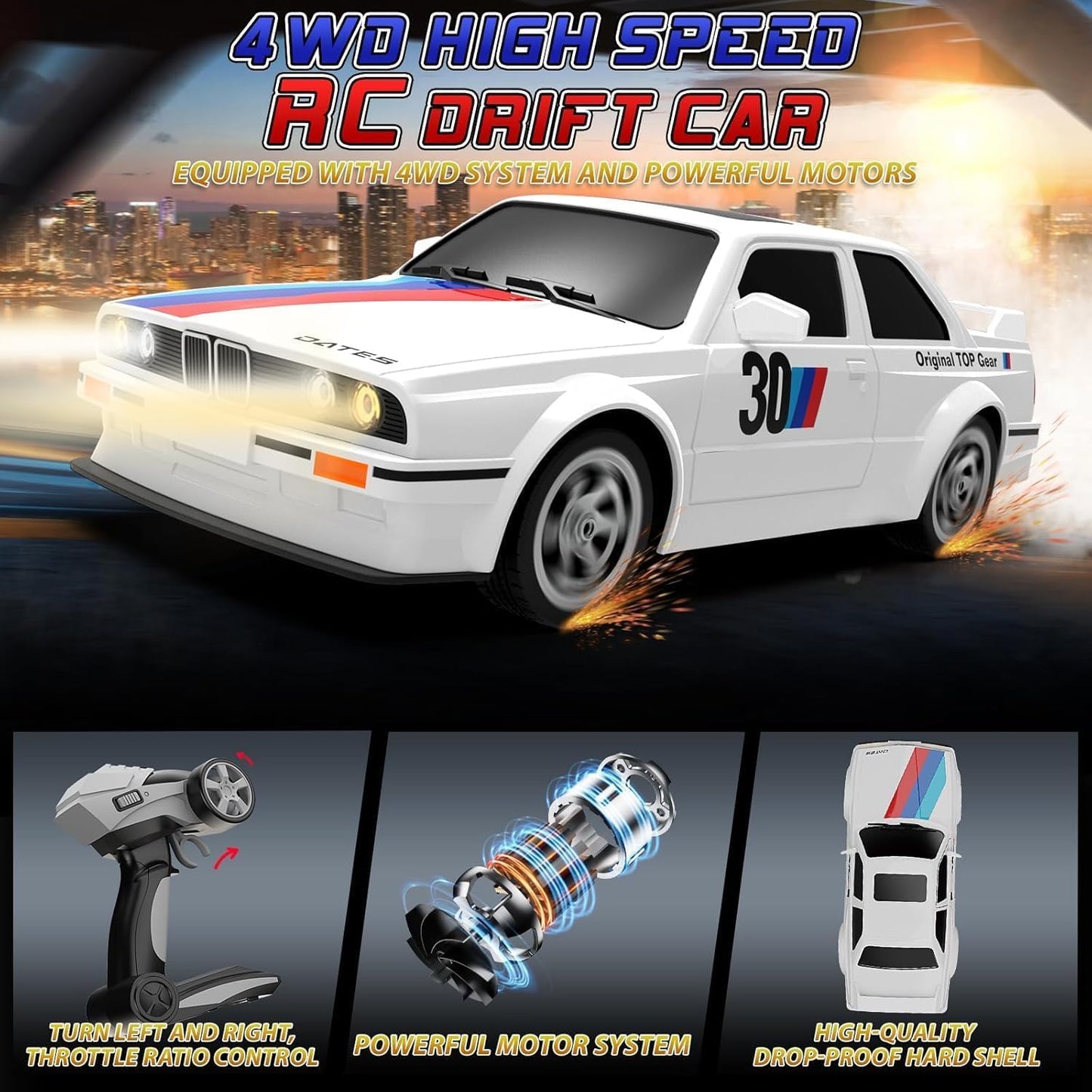 Classic Legend 1:16 Scale RC Drift Car – 2.4GHz 4WD 30KM/H High-Speed Remote Control Car with LED Lights, Dual Batteries & Drift Tires