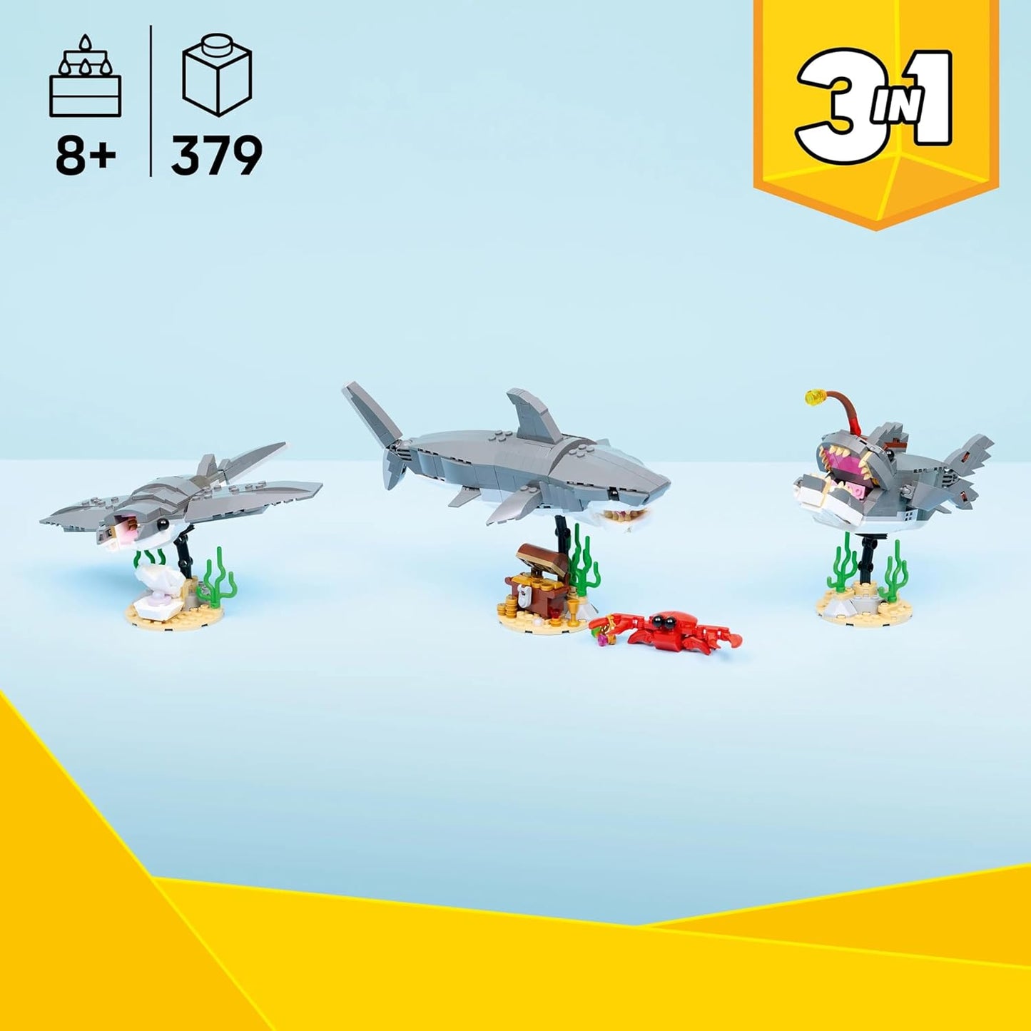 LEGO Creator Fierce Shark with a Treasure Chest Toy - Rebuilds into Anglerfish or Manta Ray - 31381