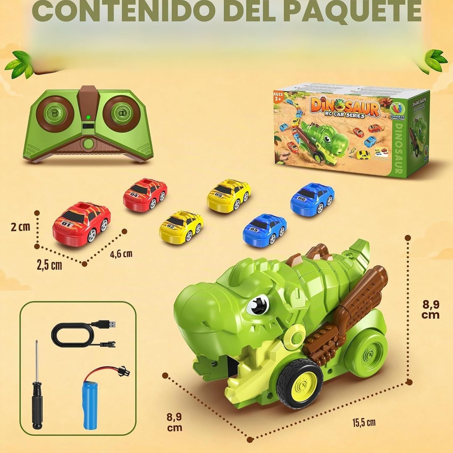 6 Mini Racing Cars Remote Control Dinosaur Car Transport Truck Toy with | T-Rex Carrier Vehicle | RC Toy for Kids | Light & Music | Multicolo