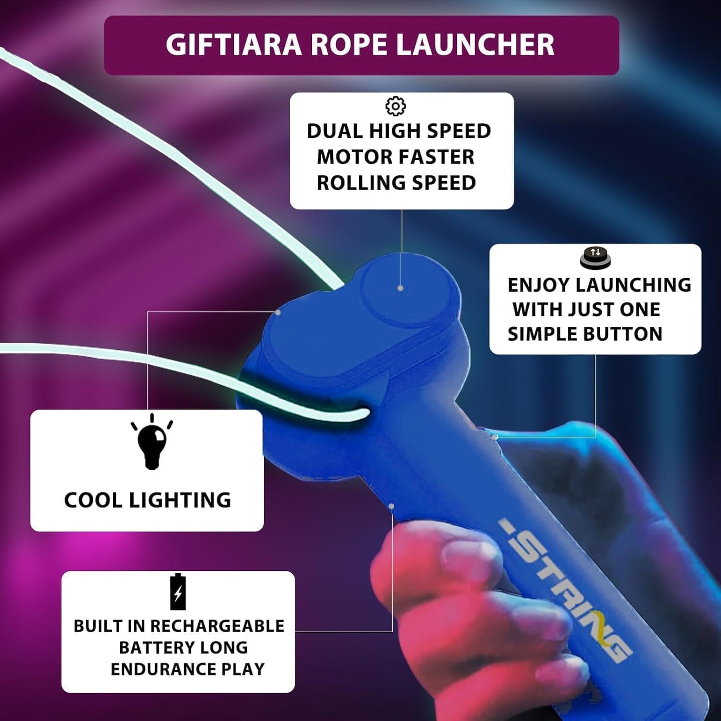 Rope Thruster Shooter Toy for Kids with Glow Rope Launcher - Handheld Zip String Gun with Propeller Mechanism, Rope Shooting Game Toy for Boys Girls Indoor Outdoor Play