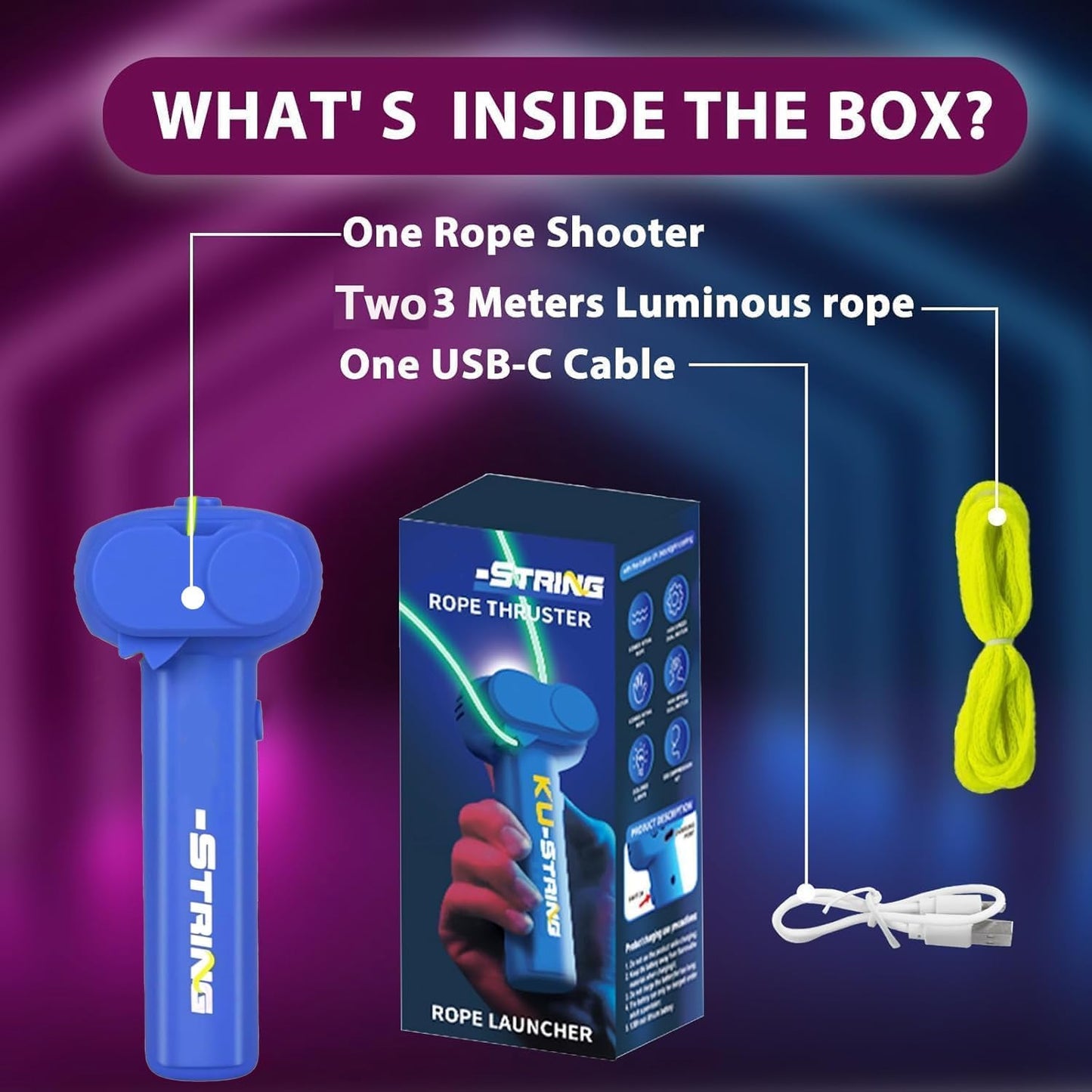 Rope Thruster Shooter Toy for Kids with Glow Rope Launcher - Handheld Zip String Gun with Propeller Mechanism, Rope Shooting Game Toy for Boys Girls Indoor Outdoor Play