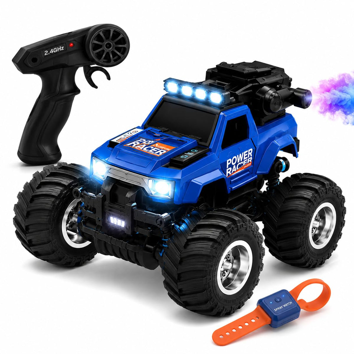 RC Monster Truck for Kids, 2.4GHz Remote Control Off-Road Car with LED Lights, Spray Mist Effect, Wrist Controller, 4WD Big Tires, Rechargeable Toy Gift for Boys & Girls