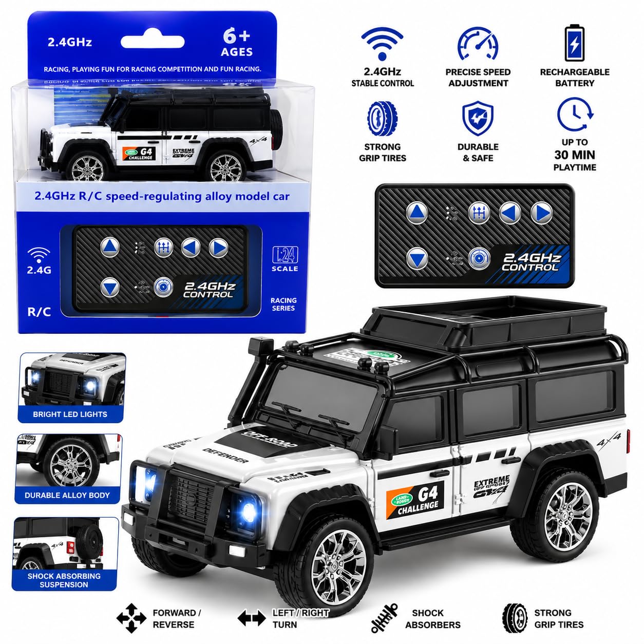 2.4GHz Remote Control Car for Kids, Alloy Body Mini SUV RC Car with 3 Speed Modes, One-Key Demo, LED Lights, USB Rechargeable Battery, Long Range Control Toy Car for Boys & Girls 6+ Years