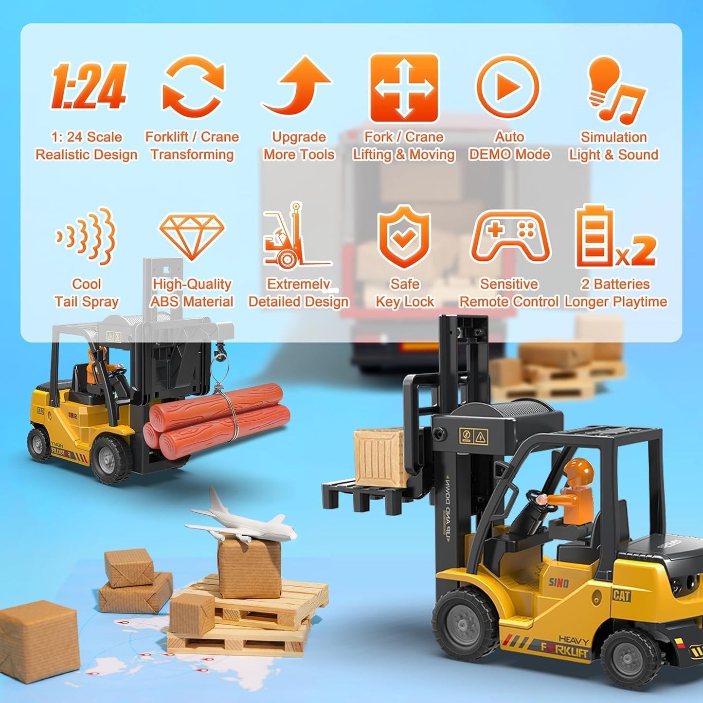 Remote Control Forklift Cranes 11 Channel 2 Mode RC Forklift Truck with Spray Sound and Lights Construction Toys 2.4Ghz 1:24 JCB