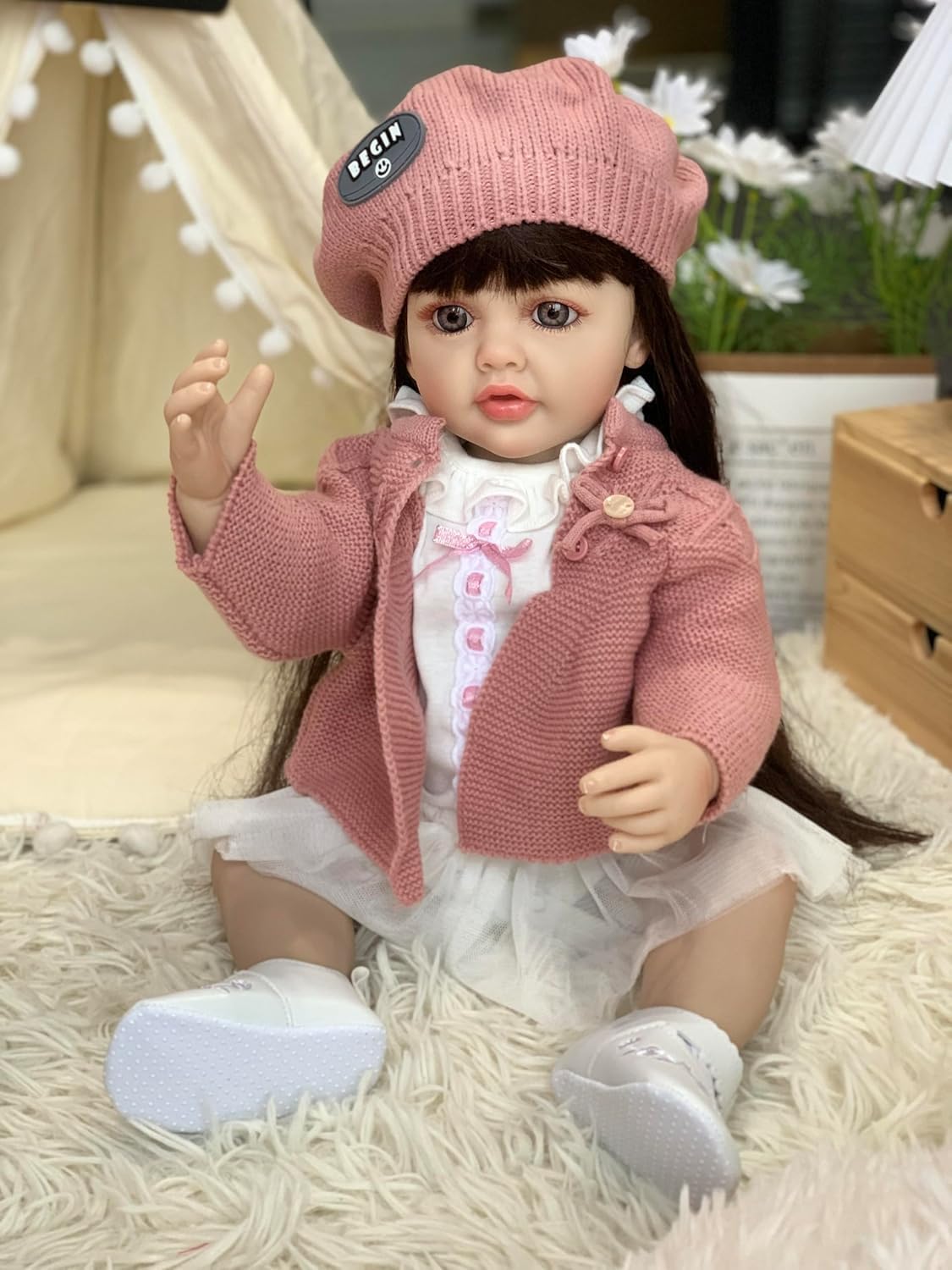 Reborn Baby Dolls Silicone Vinyl Toddler Toys with Straight Brown Hair DIY Fashion Style for Girls Birthday Gift Set for 3+ Ages