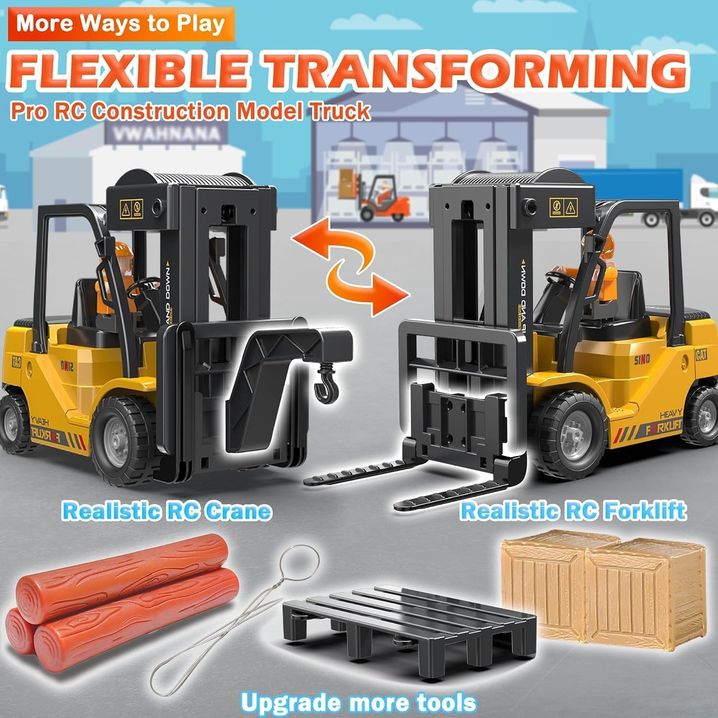 Remote Control Forklift Cranes 11 Channel 2 Mode RC Forklift Truck with Spray Sound and Lights Construction Toys 2.4Ghz 1:24 JCB