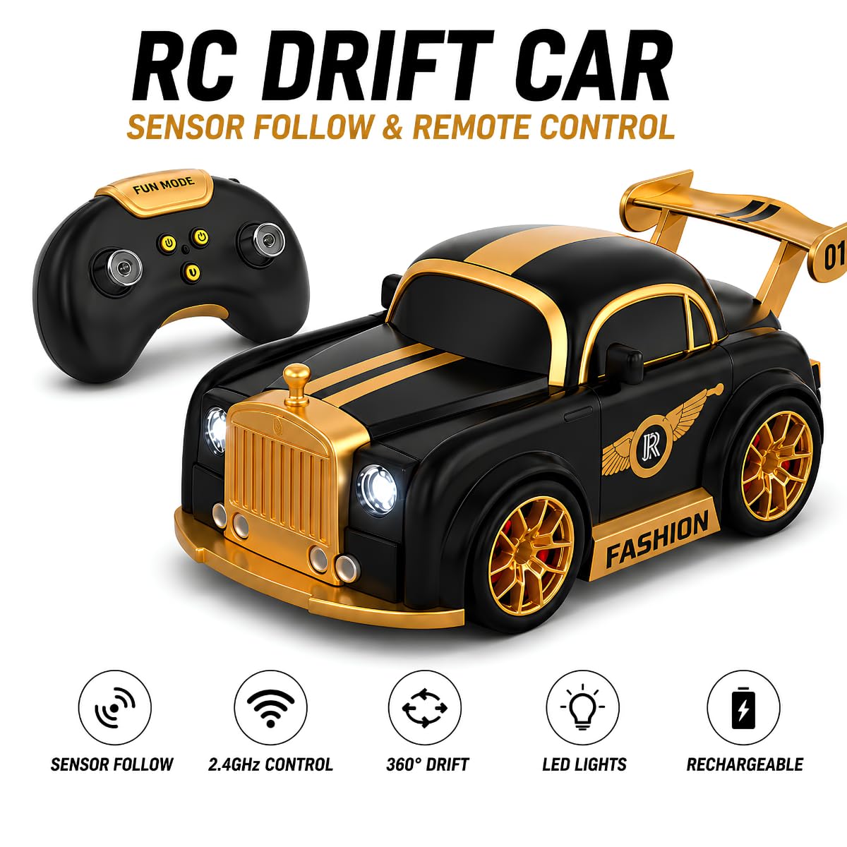 2.4G Multifunctional Mini Drift Remote Control Car, RC Drift Car for Kids with Sensor Follow, 360° Drift, LED Lights & Rechargeable Battery, Magnetic Modular Design, Toy Gift for Boys Girls