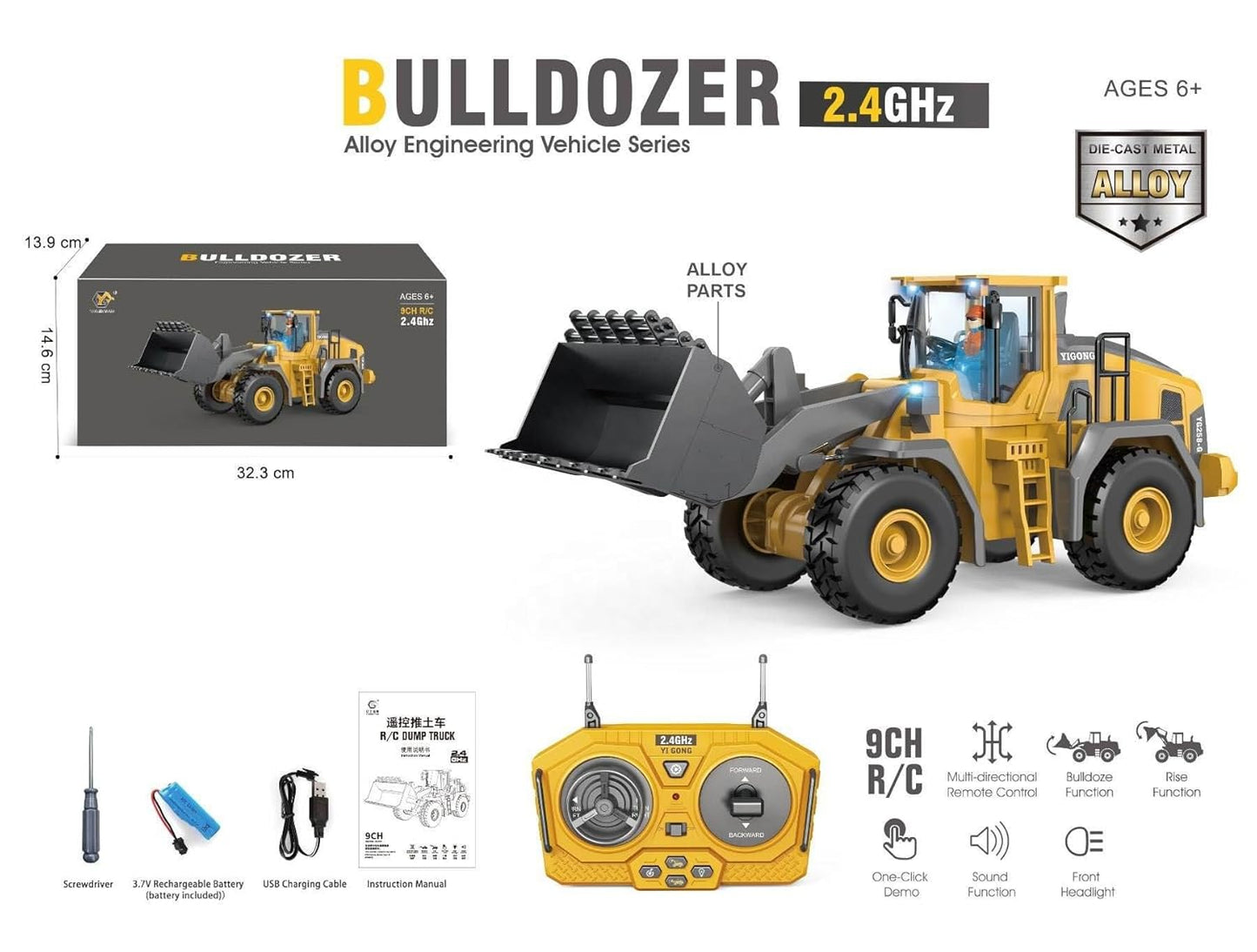 Rc Bulldozer Toys - Remote Control Bulldozer Trucks Toys - Metal Remote Control Electric Tractor Loader with Light and Sound toy