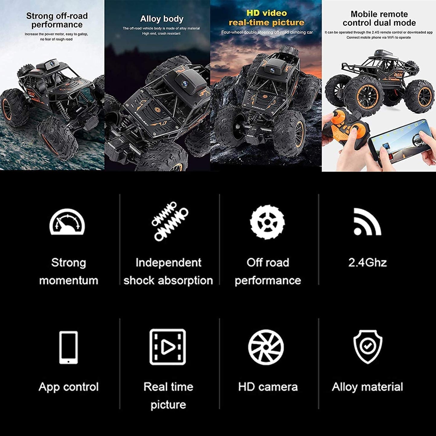 Rock crawler camera car remote control -Rc Car with 720P Hd FPV WiFi Camera|2.4Ghz 1/18 Scale Off-Road Remote Control Truck Monstern |Multicolor