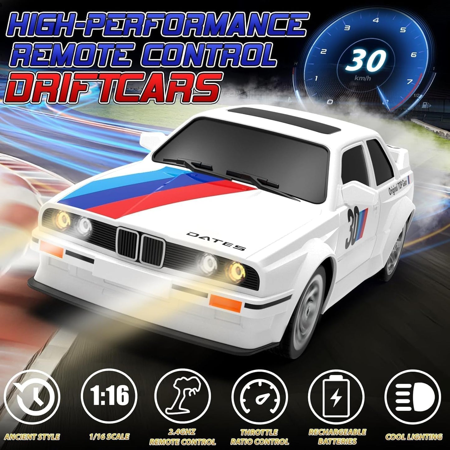 Classic Legend 1:16 Scale RC Drift Car – 2.4GHz 4WD 30KM/H High-Speed Remote Control Car with LED Lights, Dual Batteries & Drift Tires